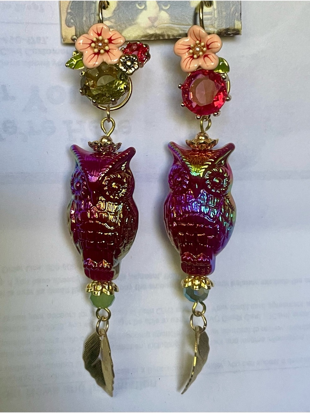 Convertible Iridescent Owl Drop Earrings with Pink Floral Accents